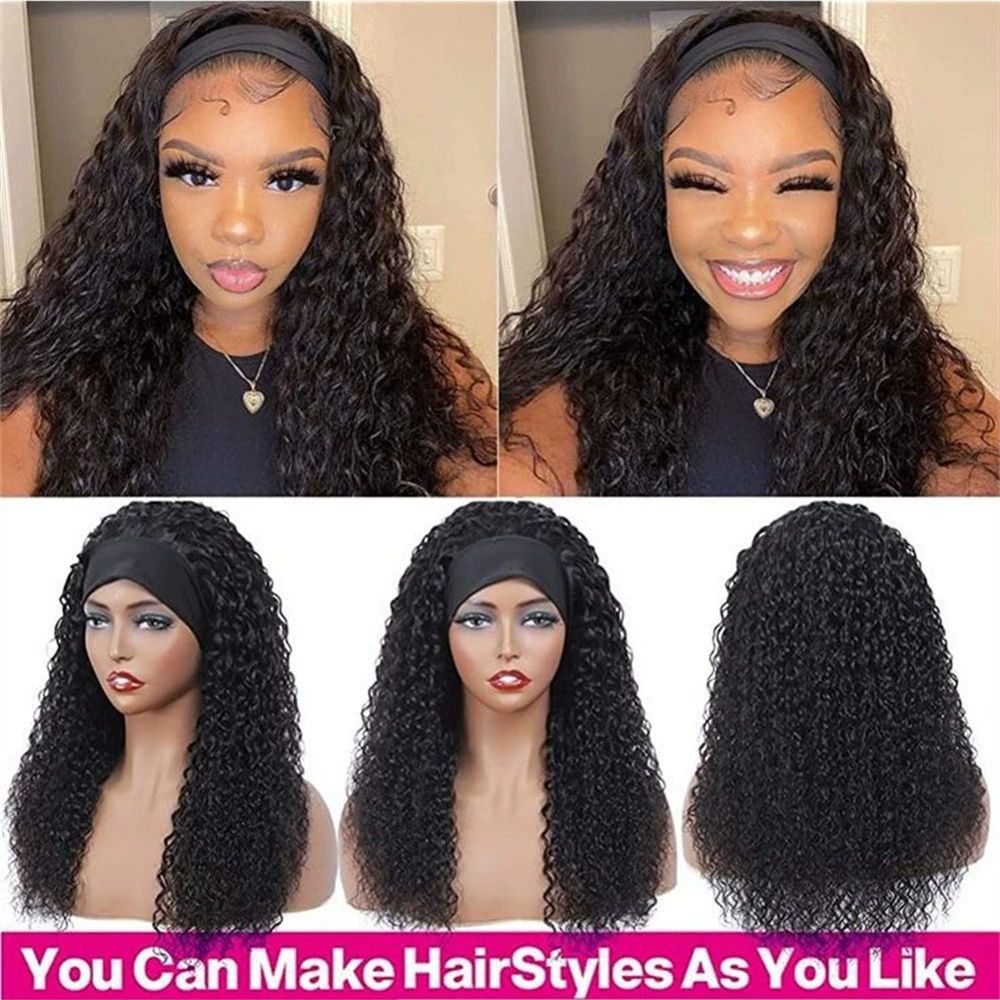 Headband Wig Human Hair Straight Virgin Brazilian Machine Made Wigs None Lace Front Wigs Glueless Human Hair Wig for Black Women Natural Color 16 Inch