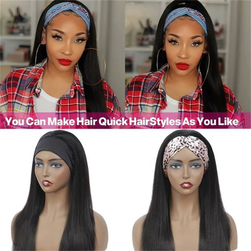 Headband Wig Human Hair Straight Virgin Brazilian Machine Made Wigs None Lace Front Wigs Glueless Human Hair Wig for Black Women Natural Color 16 Inch