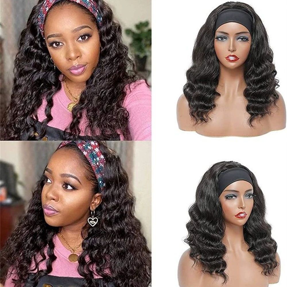 Headband Wig Human Hair Straight Virgin Brazilian Machine Made Wigs None Lace Front Wigs Glueless Human Hair Wig for Black Women Natural Color 16 Inch