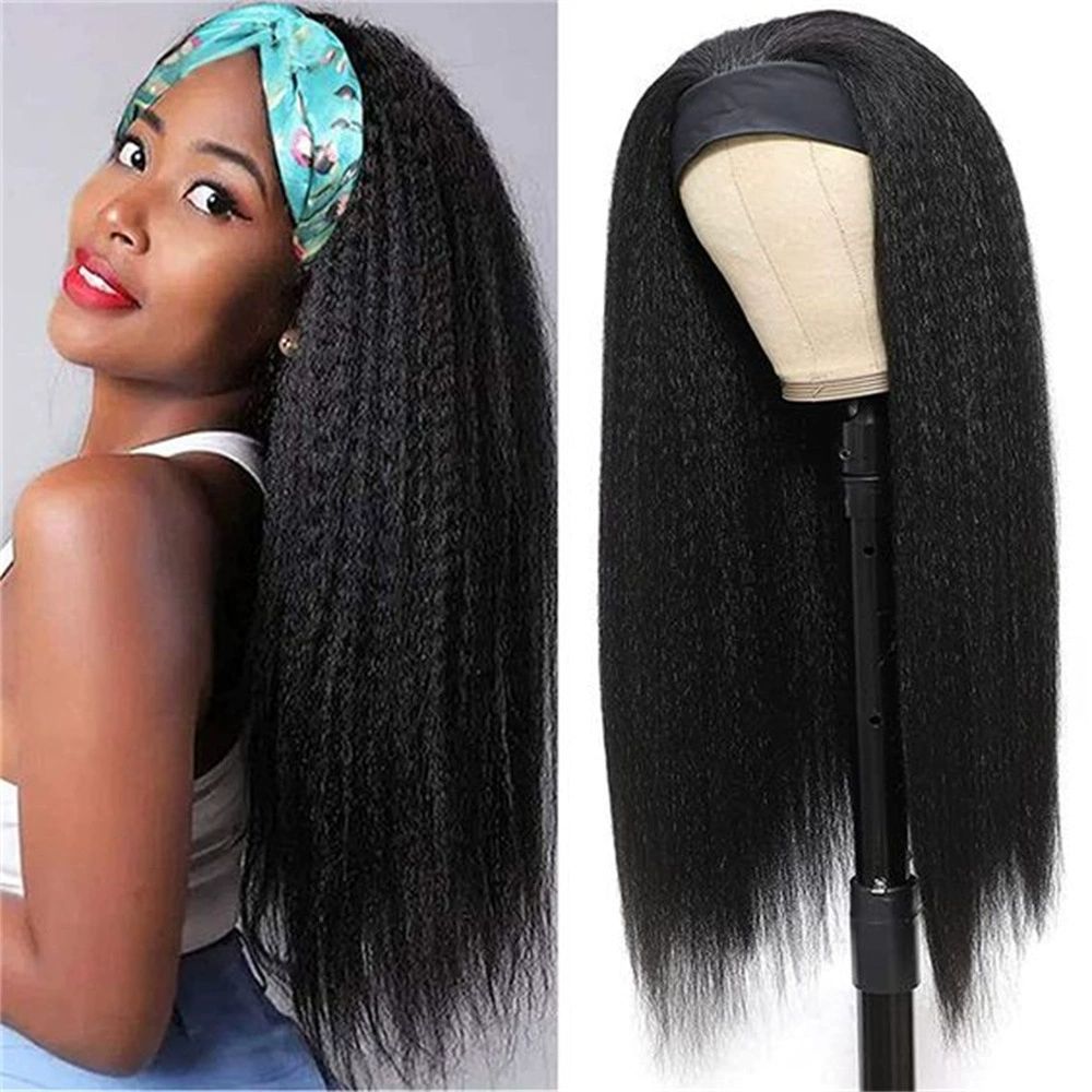 Headband Wig Human Hair Straight Virgin Brazilian Machine Made Wigs None Lace Front Wigs Glueless Human Hair Wig for Black Women Natural Color 16 Inch
