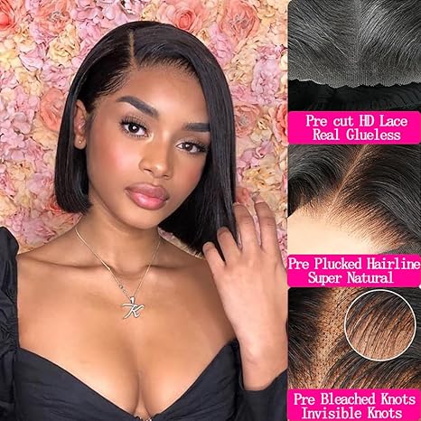 Bob Wig Human Hair 13x4 HD Frontal Bob Wigs Human Hair Bob Lace Front Wigs Human Hair Pre Plucked Brazilian Virgin Natural Black Wig 8 Inch