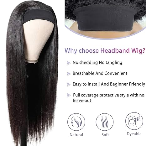 Headband Wig Human Hair Straight Virgin Brazilian Machine Made Wigs None Lace Front Wigs Glueless Human Hair Wig for Black Women Natural Color 16 Inch