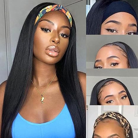 Headband Wig Human Hair Straight Virgin Brazilian Machine Made Wigs None Lace Front Wigs Glueless Human Hair Wig for Black Women Natural Color 16 Inch