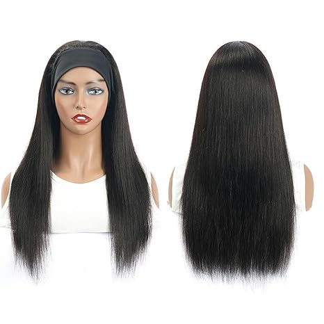 Headband Wig Human Hair Straight Virgin Brazilian Machine Made Wigs None Lace Front Wigs Glueless Human Hair Wig for Black Women Natural Color 16 Inch