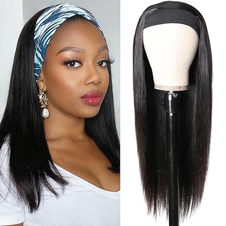 Headband Wig Human Hair Straight Virgin Brazilian Machine Made Wigs None Lace Front Wigs Glueless Human Hair Wig for Black Women Natural Color 16 Inch
