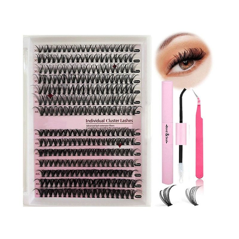 30D/40D combination 14 rows + double-head glue + forceps [1 set] DIY eyelash false eyelash 30D40D eyelash mixed set, eyelash extension kit with Lash Bond and Seal, Lash Tweezers for Self Use