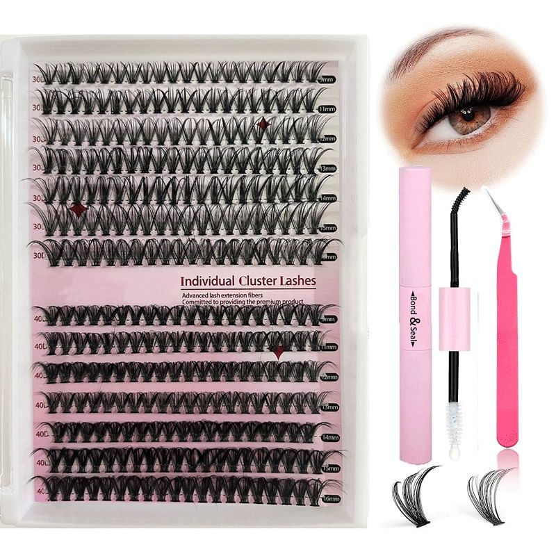 30D/40D combination 14 rows + double-head glue + forceps [1 set] DIY eyelash false eyelash 30D40D eyelash mixed set, eyelash extension kit with Lash Bond and Seal, Lash Tweezers for Self Use