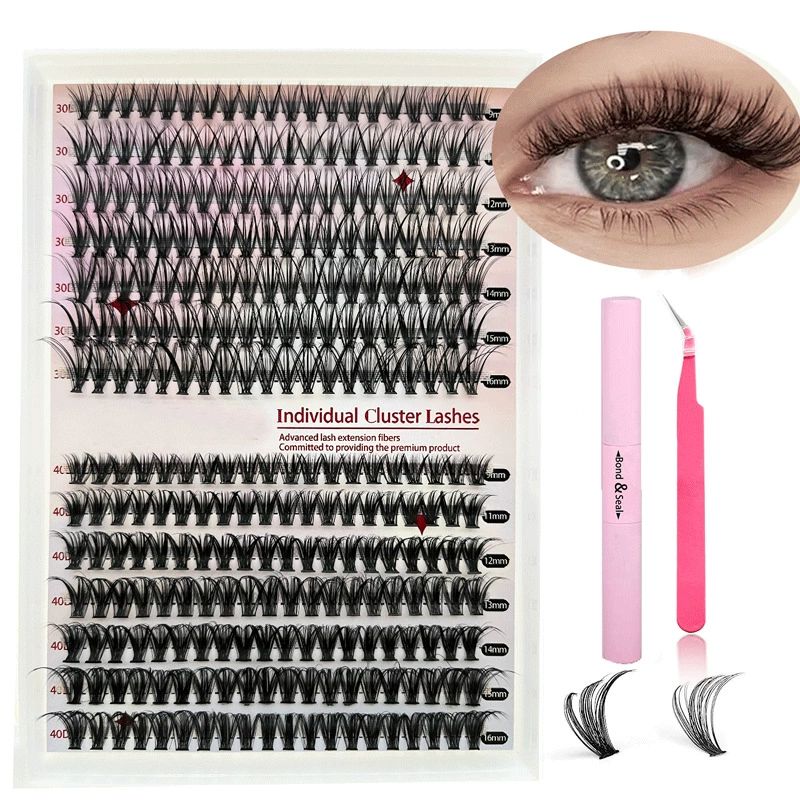 30D/40D combination 14 rows + double-head glue + forceps [1 set] DIY eyelash false eyelash 30D40D eyelash mixed set, eyelash extension kit with Lash Bond and Seal, Lash Tweezers for Self Use