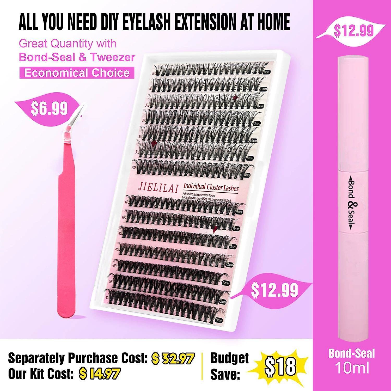 30D/40D combination 14 rows + double-head glue + forceps [1 set] DIY eyelash false eyelash 30D40D eyelash mixed set, eyelash extension kit with Lash Bond and Seal, Lash Tweezers for Self Use