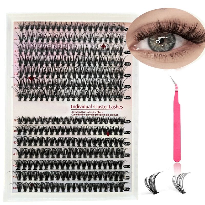 30D/40D combination 14 rows + double-head glue + forceps [1 set] DIY eyelash false eyelash 30D40D eyelash mixed set, eyelash extension kit with Lash Bond and Seal, Lash Tweezers for Self Use