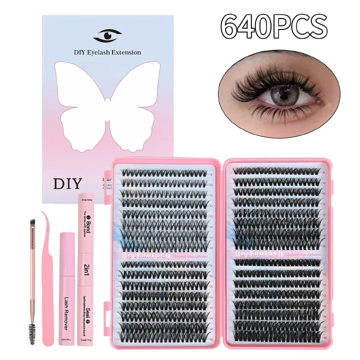 Lash Clusters Kit for beginners Eyelash Clusters Kit Lashes Clusters Kit Cluster Pestañas Postizas Naturales with Lash Bond&Seal,Lash Tweezers,Mascara Brush(640pcs 30D+40D+50D+60D Kit,9-16mm)