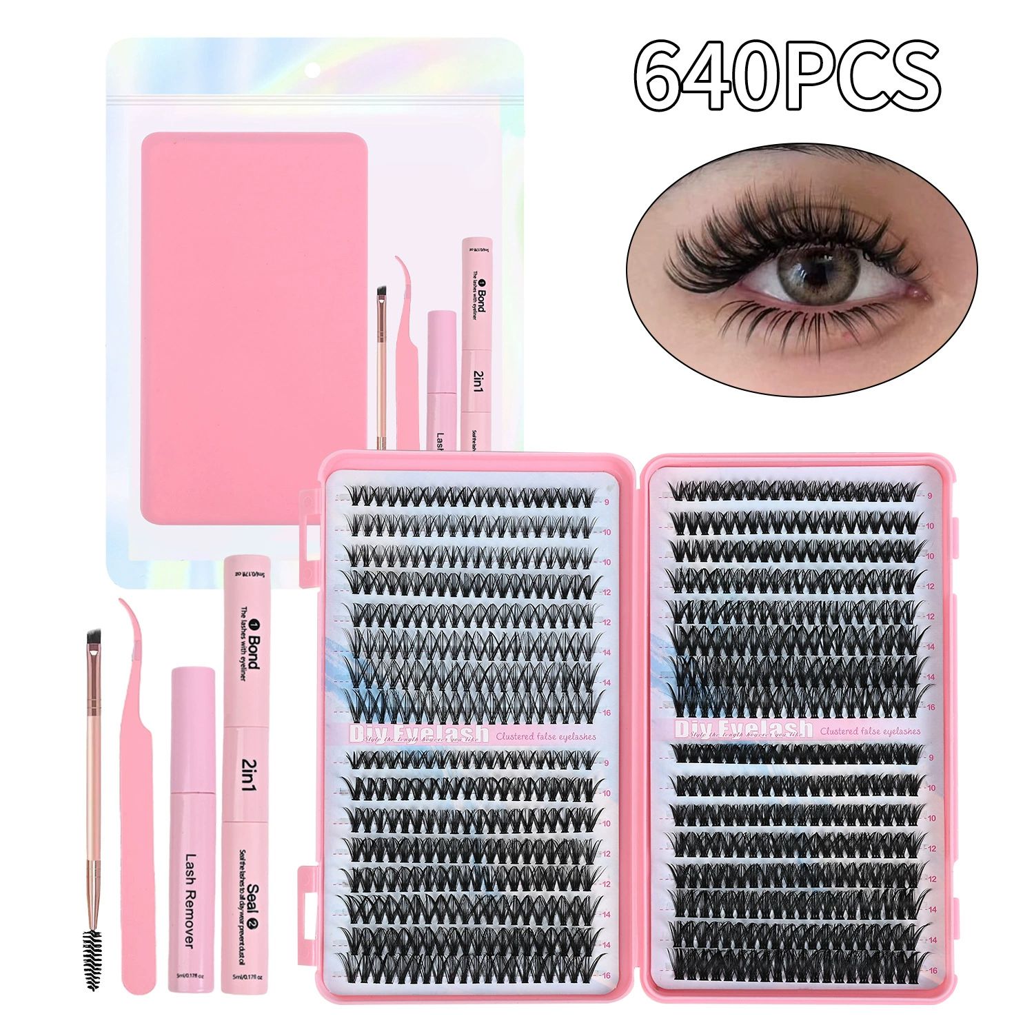 Lash Clusters Kit for beginners Eyelash Clusters Kit Lashes Clusters Kit Cluster Pestañas Postizas Naturales with Lash Bond&Seal,Lash Tweezers,Mascara Brush(640pcs 30D+40D+50D+60D Kit,9-16mm)