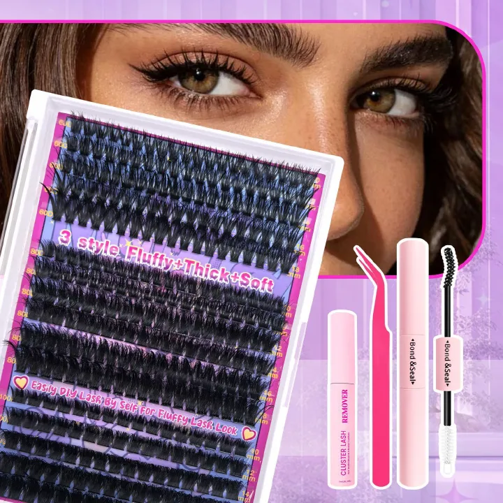 Lash Clusters Kit 320 Pcs DIY Individual Cluster Lashes D Curl Lash Extension Kit with Eyelash Bond and Seal, Remover, Tweezers Applicator Tool for False Eyelash Cluster Kit(80D, Mix10-18mm Kit)