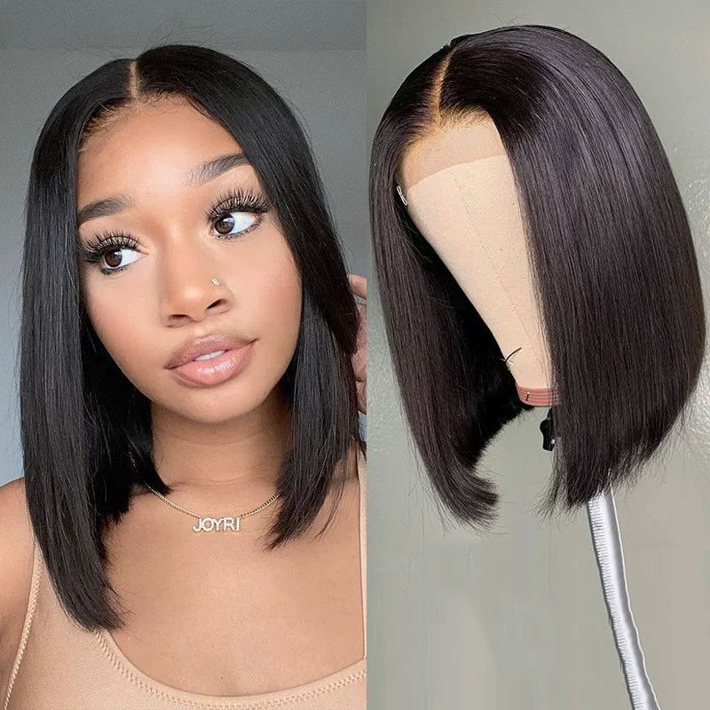 Bob Wig Human Hair 4x4 Lace Front Wigs 180 Density 14 Inch Short Straight Bob Frontal Wigs Transparent Lace Pre Plucked with Baby Hair Wigs Brazilian Virgin Hair for Women Natural Black