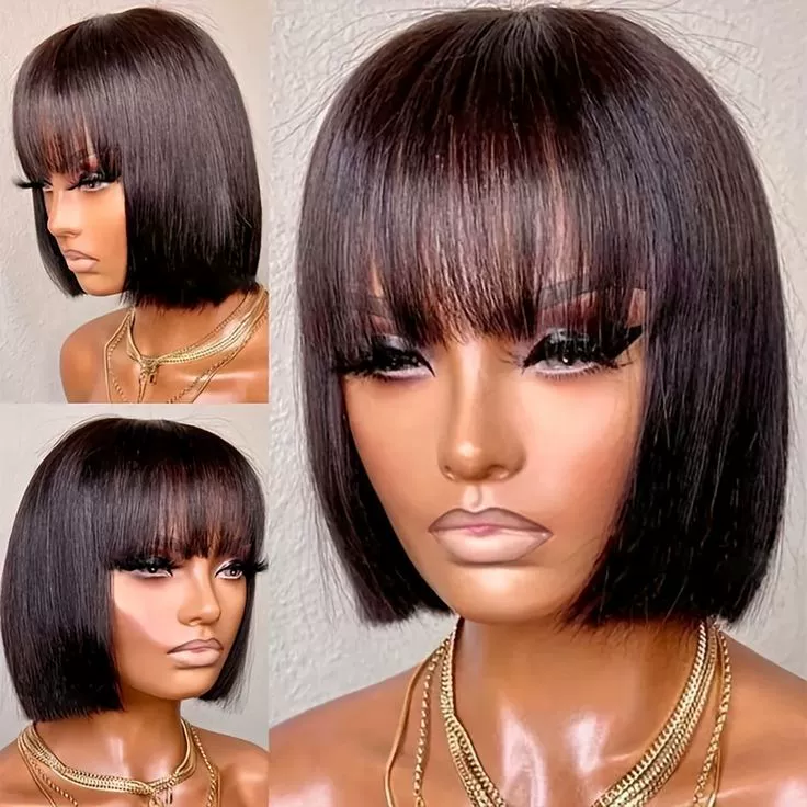 14Inch Short Bob Glueless Human Hair Wig With Air Bangs Brazilian Straight Highlight Hair Simulation Scalp For Women(Black, 14IN)