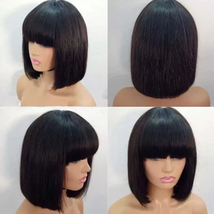 14Inch Short Bob Glueless Human Hair Wig With Air Bangs Brazilian Straight Highlight Hair Simulation Scalp For Women(Black, 14IN)