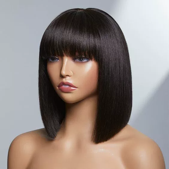 14Inch Short Bob Glueless Human Hair Wig With Air Bangs Brazilian Straight Highlight Hair Simulation Scalp For Women(Black, 14IN)