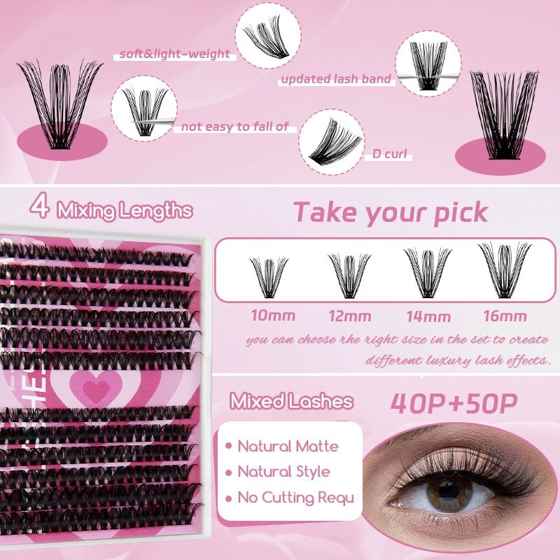 Volume Lash Extension Mink Thick Cluster Eyelash Extensions 10-18mm Lash Clusters Individual Lash Extensions DIY Clusters Lashes Extension at Home  (80P+100P 10-16mm) view 3