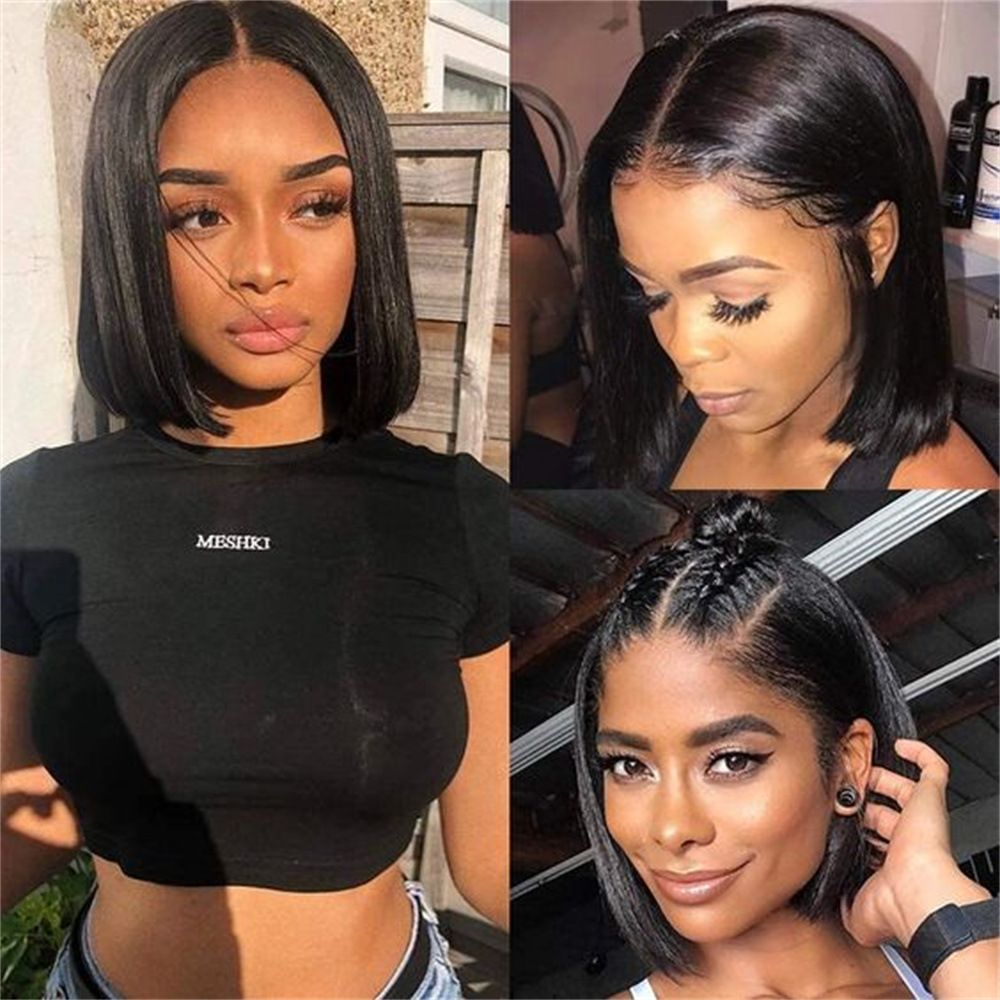 Bob Wig Human Hair 4x4 Lace Front Wigs 180 Density 14 Inch Short Straight Bob Frontal Wigs Transparent Lace Pre Plucked with Baby Hair Wigs Brazilian Virgin Hair for Women Natural Black