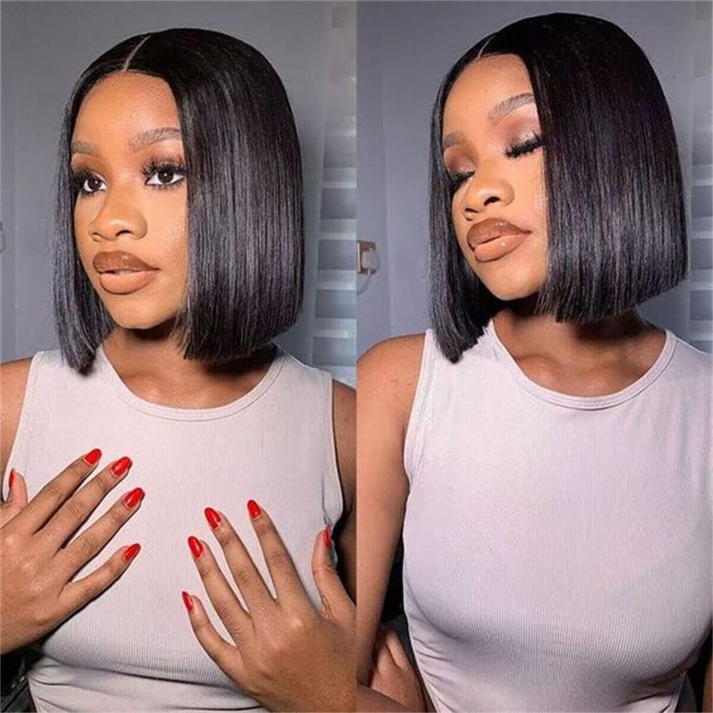 Bob Wig Human Hair 4x4 Lace Front Wigs 180 Density 14 Inch Short Straight Bob Frontal Wigs Transparent Lace Pre Plucked with Baby Hair Wigs Brazilian Virgin Hair for Women Natural Black