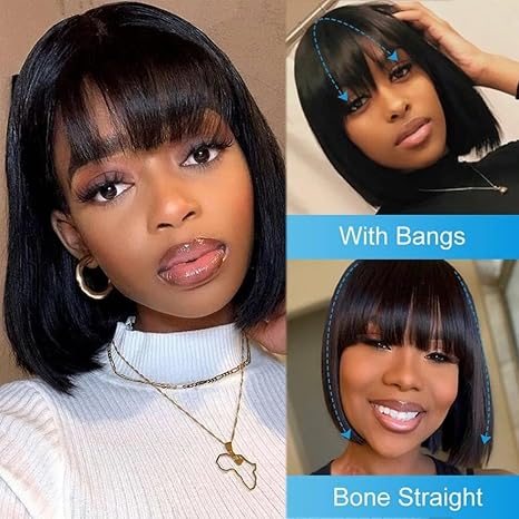 14Inch Short Bob Glueless Human Hair Wig With Air Bangs Brazilian Straight Highlight Hair Simulation Scalp For Women(Black, 14IN)