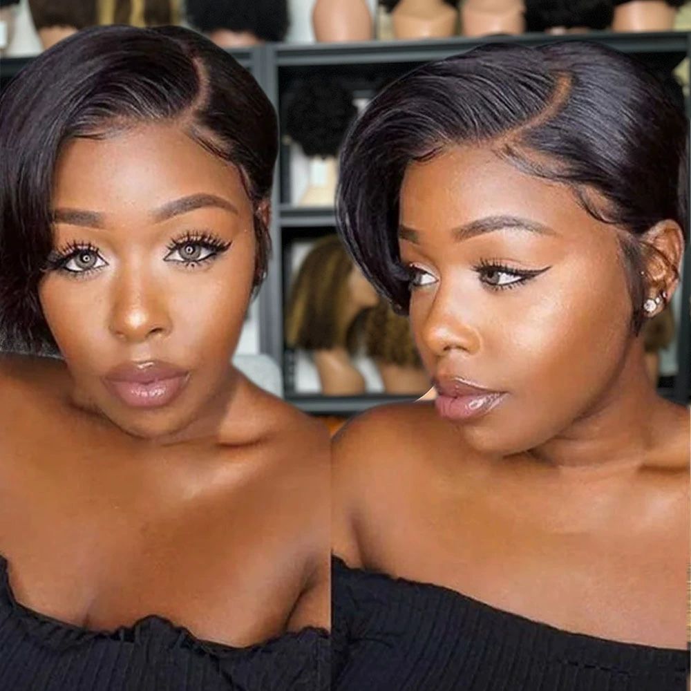 Pixie Cut Wig Human Hair T part wig Lace Front Wigs 8 inch Short Pixie Cut Human Hair Wigs Pre Plucked Short Straight Bob Wigs for Black Women 180% Density Natural Hairline Natural Black