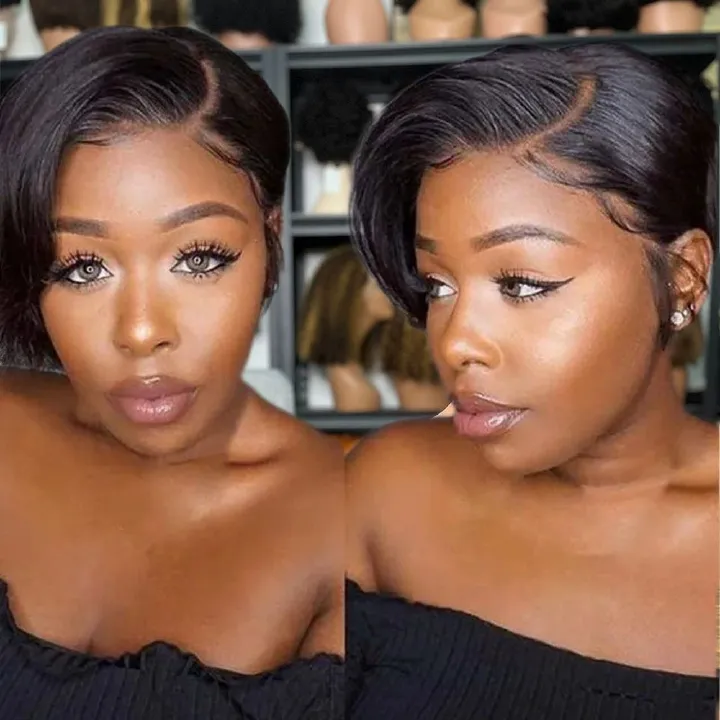 Pixie Cut Wig Human Hair T part wig Lace Front Wigs 8 inch Short Pixie Cut Human Hair Wigs Pre Plucked Short Straight Bob Wigs for Black Women 180% Density Natural Hairline Natural Black