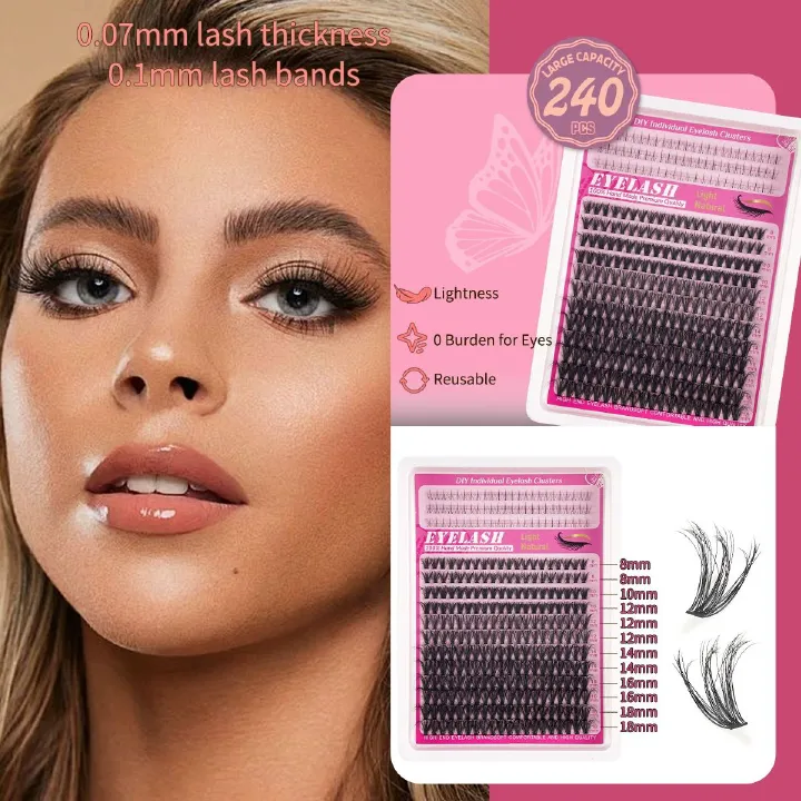 Lash Clusters C Curl Lash Clusters Kit Lashes Clusters 240 Pcs Individual Eyelash Clusters DIY Lash Extension Kit for Self Application 8-18MM) Mix Lash Glue and Tweezers