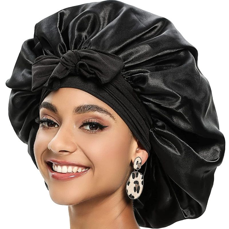 Satin Bonnet Silk Bonnet for Sleeping Silk Sleep Cap Double Layer Hair Bonnet with Elastic Tie Band for Curly Hair Night Cap