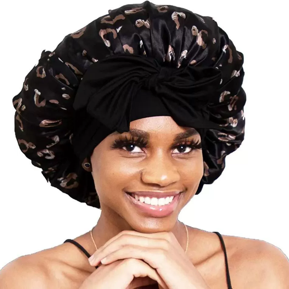 Satin Bonnet Silk Bonnet for Sleeping Silk Sleep Cap Double Layer Hair Bonnet with Elastic Tie Band for Curly Hair Night Cap
