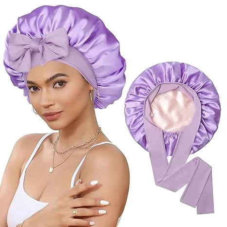 Satin Bonnet Silk Bonnet for Sleeping Silk Sleep Cap Double Layer Hair Bonnet with Elastic Tie Band for Curly Hair Night Cap