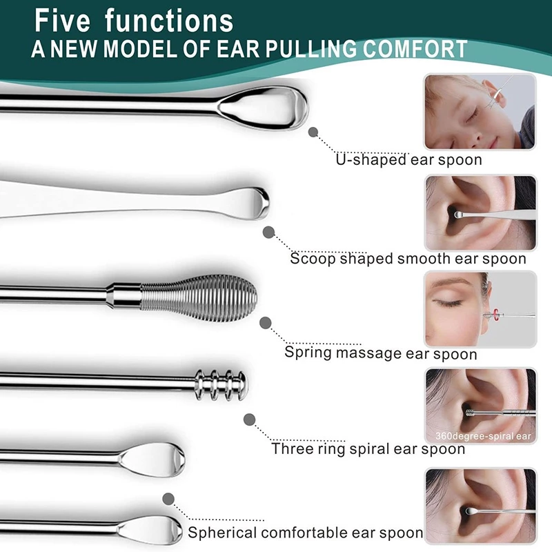 6Pcs/set Portable Multifunctional Ear Wax Remover Ear Cleaning Kit Ear Pick Earpick Ear Cleaner Spoon Care Ear Clean Tools