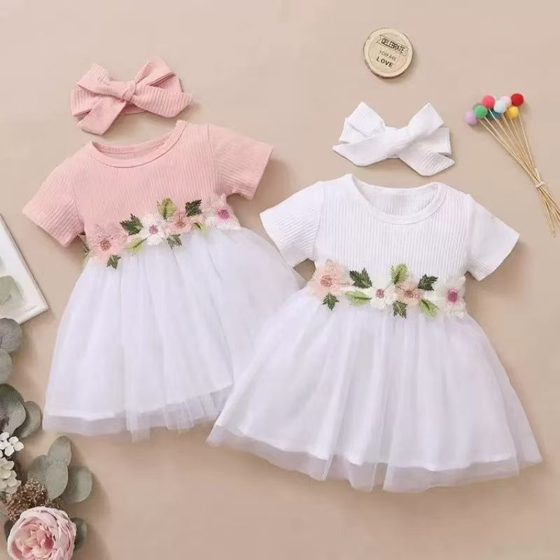 Catpapa Infant Baby Girl Embroidery Flowers Pink Short Sleeves Princess Dress
