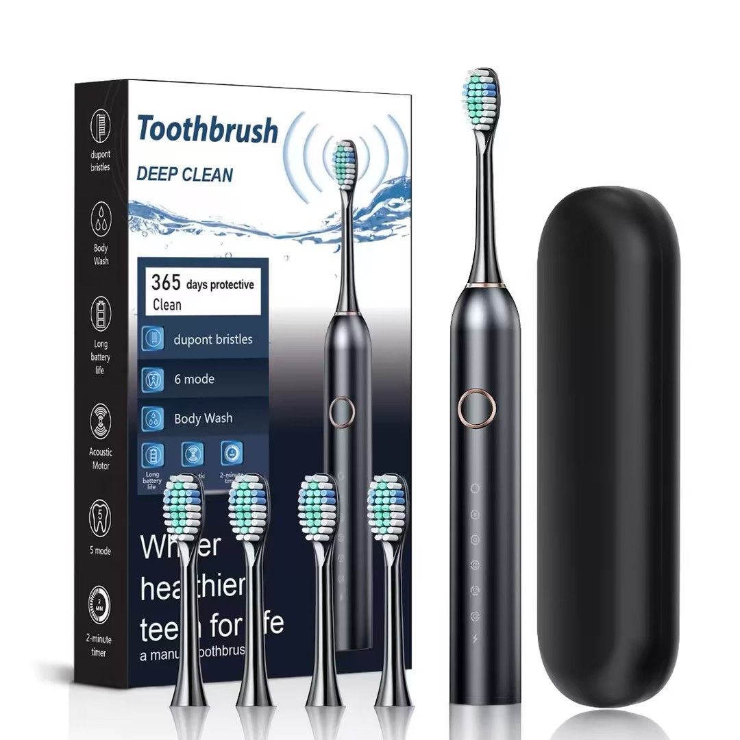 Electric Toothbrush, Sonic Type for Adults & Teens, 8 Brush Heads, Travel Case, 6 Modes, 40000 VPM Electric Motor, IPX7 Waterproof, 2 Minutes Timer, Wireless Charging, One Charge for 100 Days（Black）