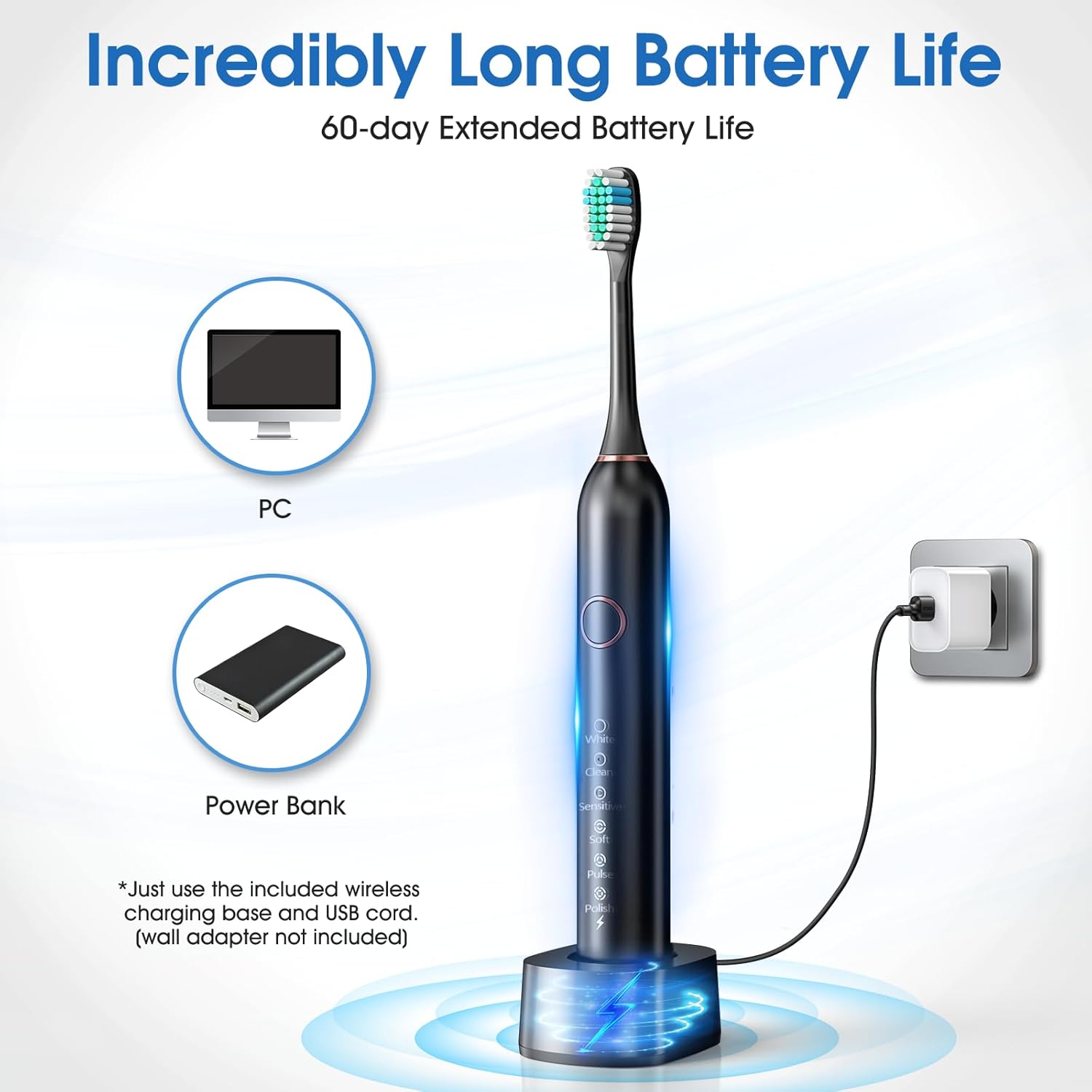 Electric Toothbrush, Sonic Type for Adults & Teens, 8 Brush Heads, Travel Case, 6 Modes, 40000 VPM Electric Motor, IPX7 Waterproof, 2 Minutes Timer, Wireless Charging, One Charge for 100 Days（Black）