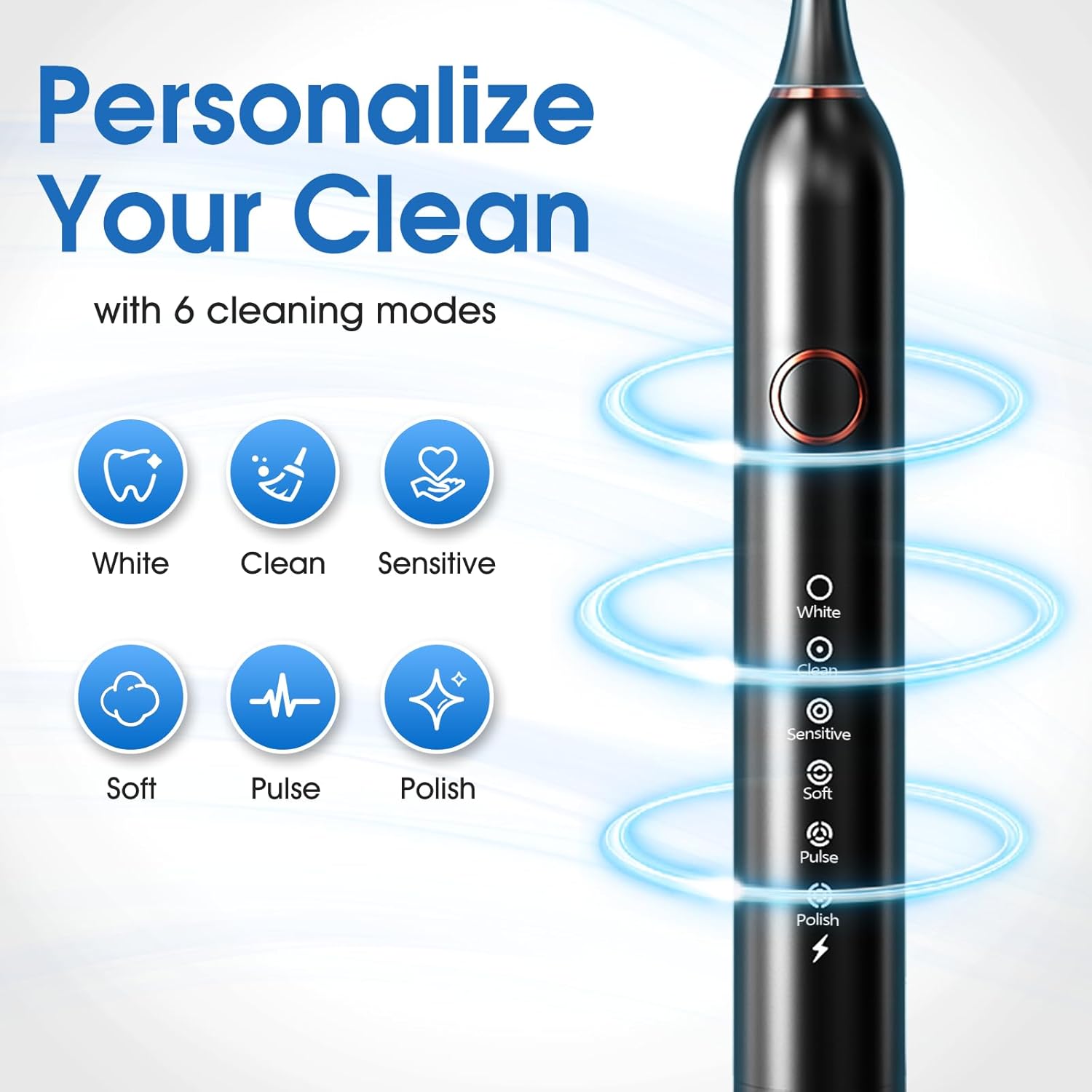 Electric Toothbrush, Sonic Type for Adults & Teens, 8 Brush Heads, Travel Case, 6 Modes, 40000 VPM Electric Motor, IPX7 Waterproof, 2 Minutes Timer, Wireless Charging, One Charge for 100 Days（Black）
