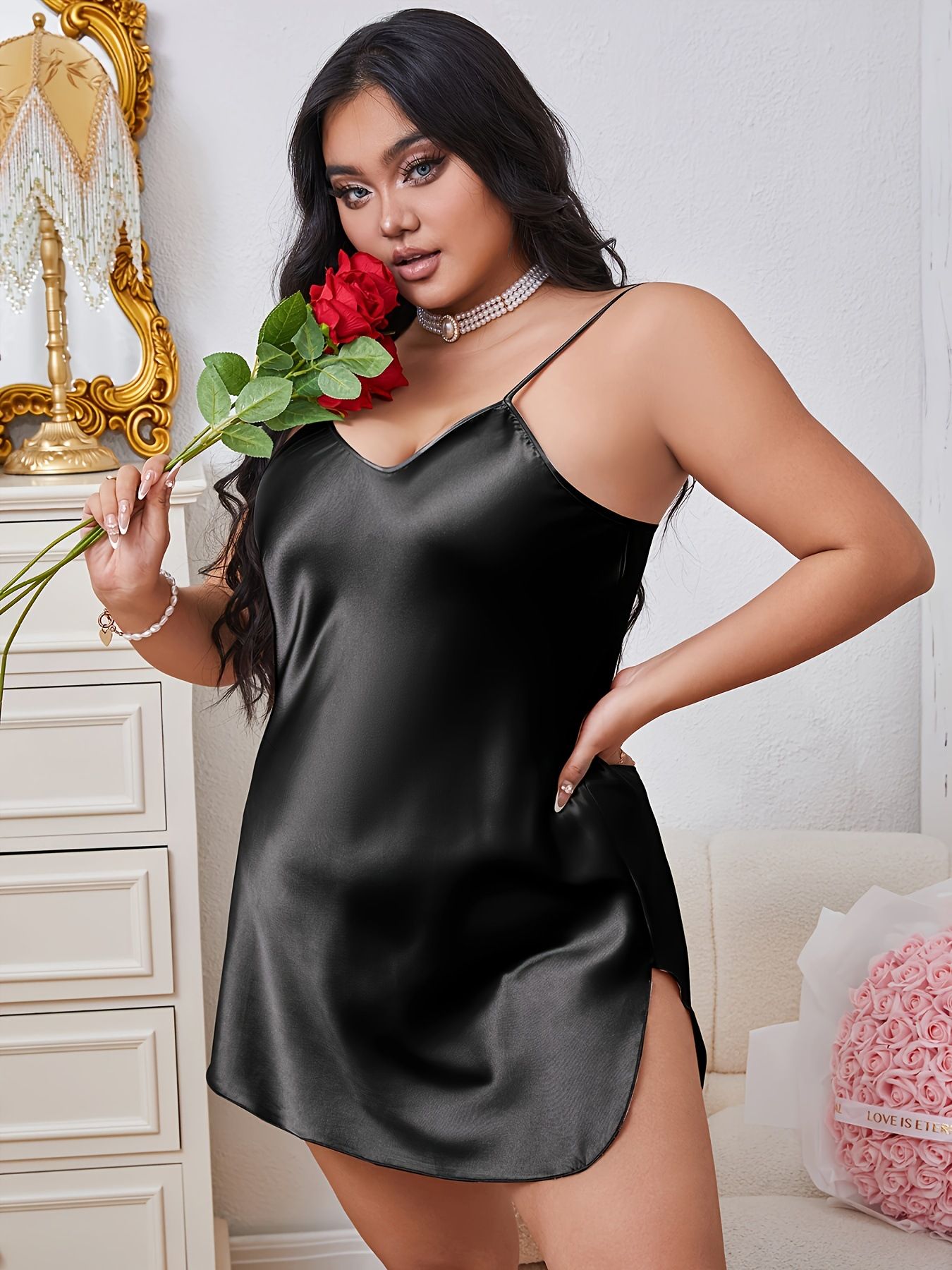 Plus Size Women's Unilateral Slit Nightdress Sundress Casual,Romantic, Elegant, Comfortable And Slim Dress Home  Breathable Pajamas Nightdress Imitation Silk Home Wear