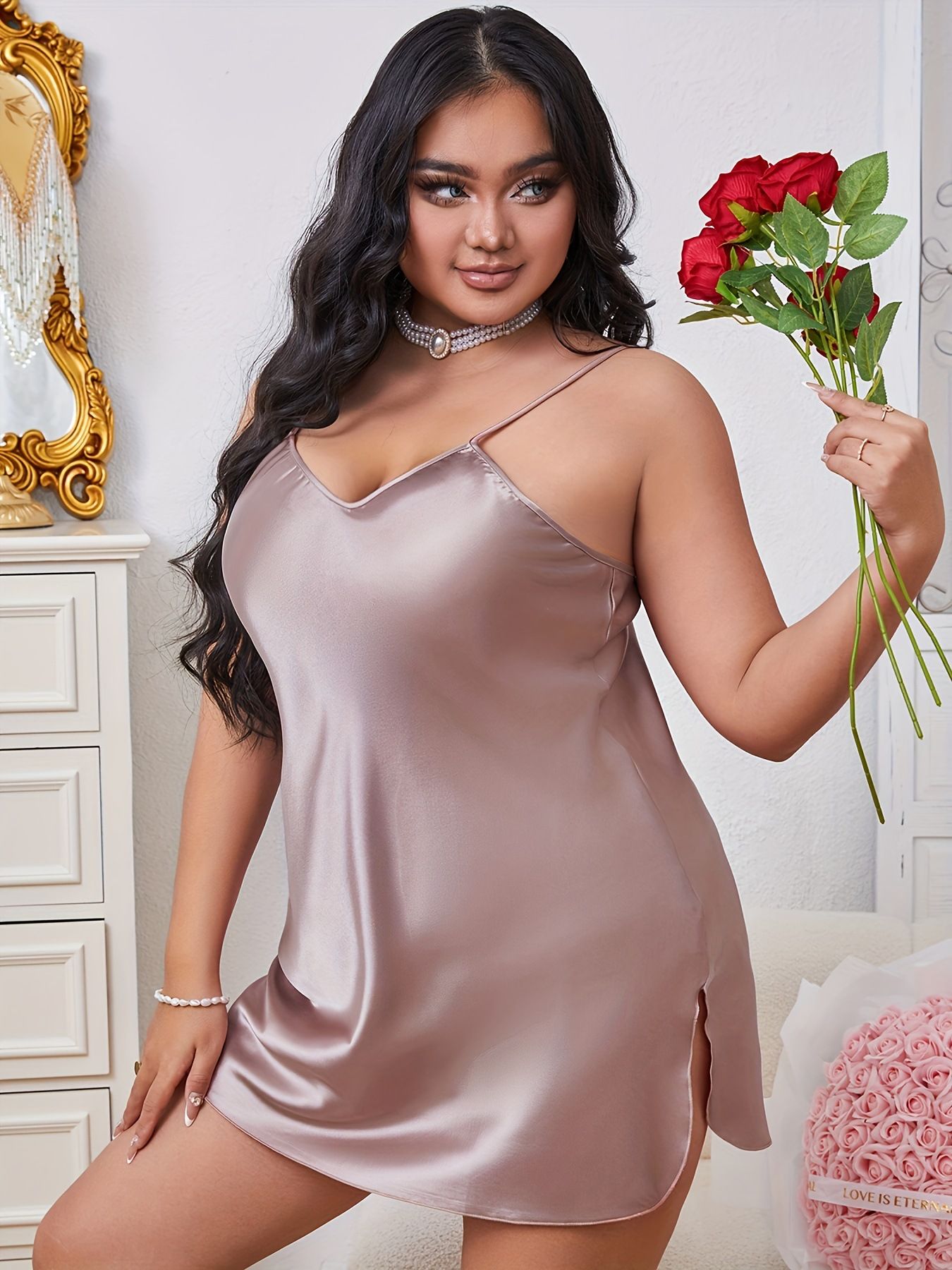 Plus Size Women's Unilateral Slit Nightdress Sundress Casual,Romantic, Elegant, Comfortable And Slim Dress Home  Breathable Pajamas Nightdress Imitation Silk Home Wear