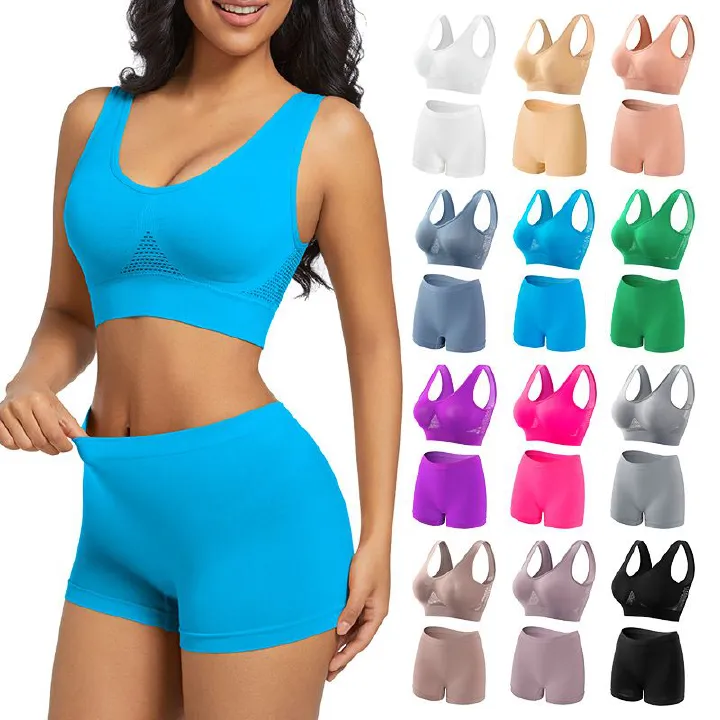 Seamless Mesh Women Sports Bras Set Fitness Gym Running Underwear Shockproof Bra Wireless  Plus Size Crop Top Breathable Yoga Bra Set