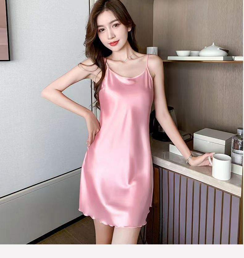 Fashion Sexy V-Neck Nightgown For Women Solid Silk Satin Lingerie Night Dress Sleeveless Sleepwear Female Nightwear Home Clothe Women's  Nightdress Elegant Solid Color Camisole Dress