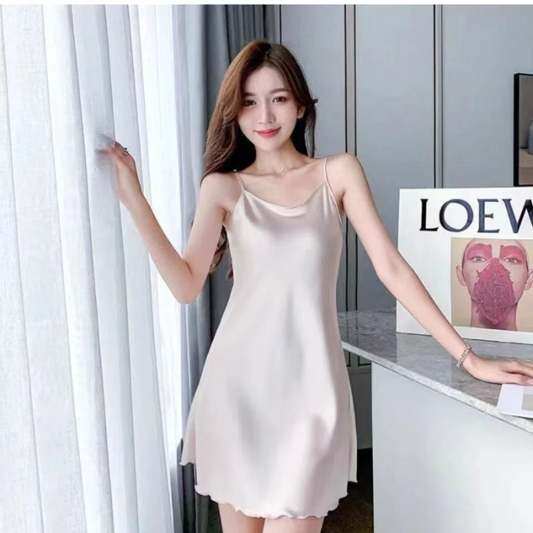 Fashion Sexy V-Neck Nightgown For Women Solid Silk Satin Lingerie Night Dress Sleeveless Sleepwear Female Nightwear Home Clothe Women's  Nightdress Elegant Solid Color Camisole Dress