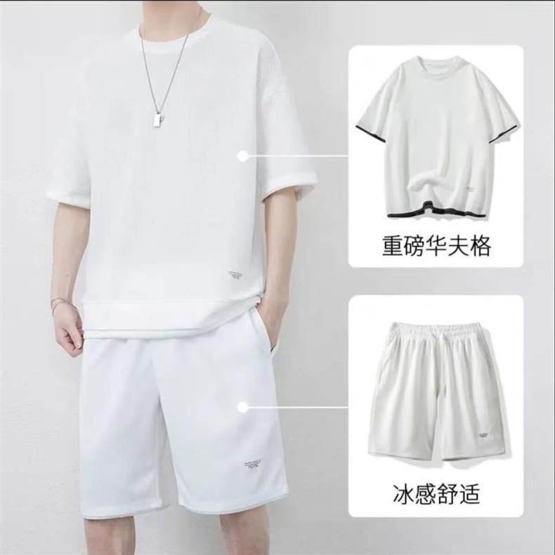 Summer Men's Waffle Sets Casual T-Shirt And Shorts Set Male Sports Suit Solid Color Tracksuit Loose Suits