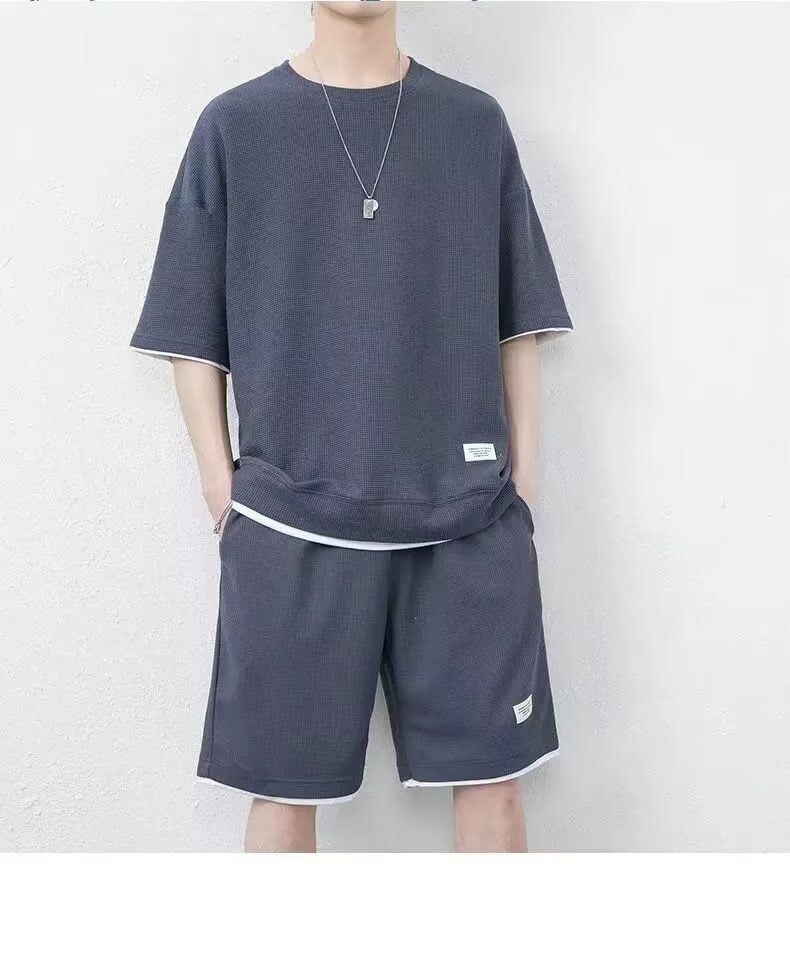 Summer Men's Waffle Sets Casual T-Shirt And Shorts Set Male Sports Suit Solid Color Tracksuit Loose Suits