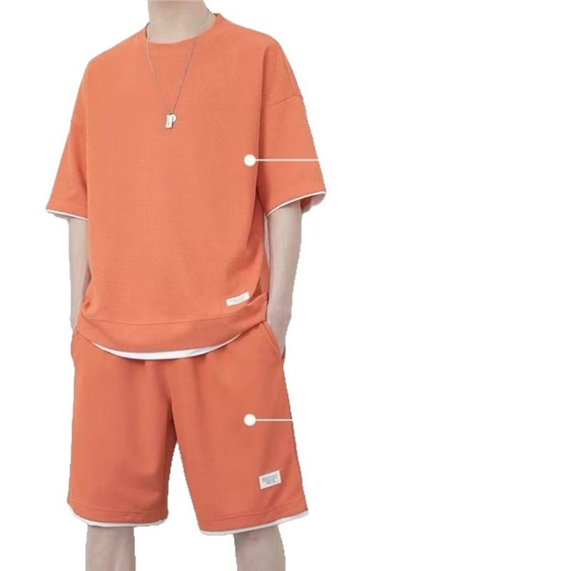 Summer Men's Waffle Sets Casual T-Shirt And Shorts Set Male Sports Suit Solid Color Tracksuit Loose Suits