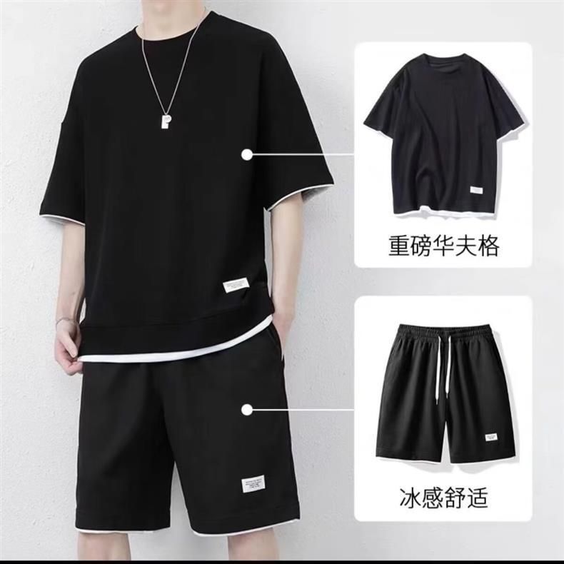 Summer Men's Waffle Sets Casual T-Shirt And Shorts Set Male Sports Suit Solid Color Tracksuit Loose Suits