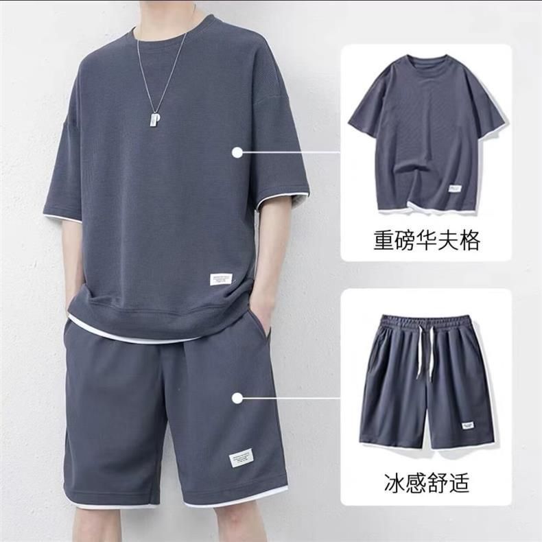 Summer Men's Waffle Sets Casual T-Shirt And Shorts Set Male Sports Suit Solid Color Tracksuit Loose Suits