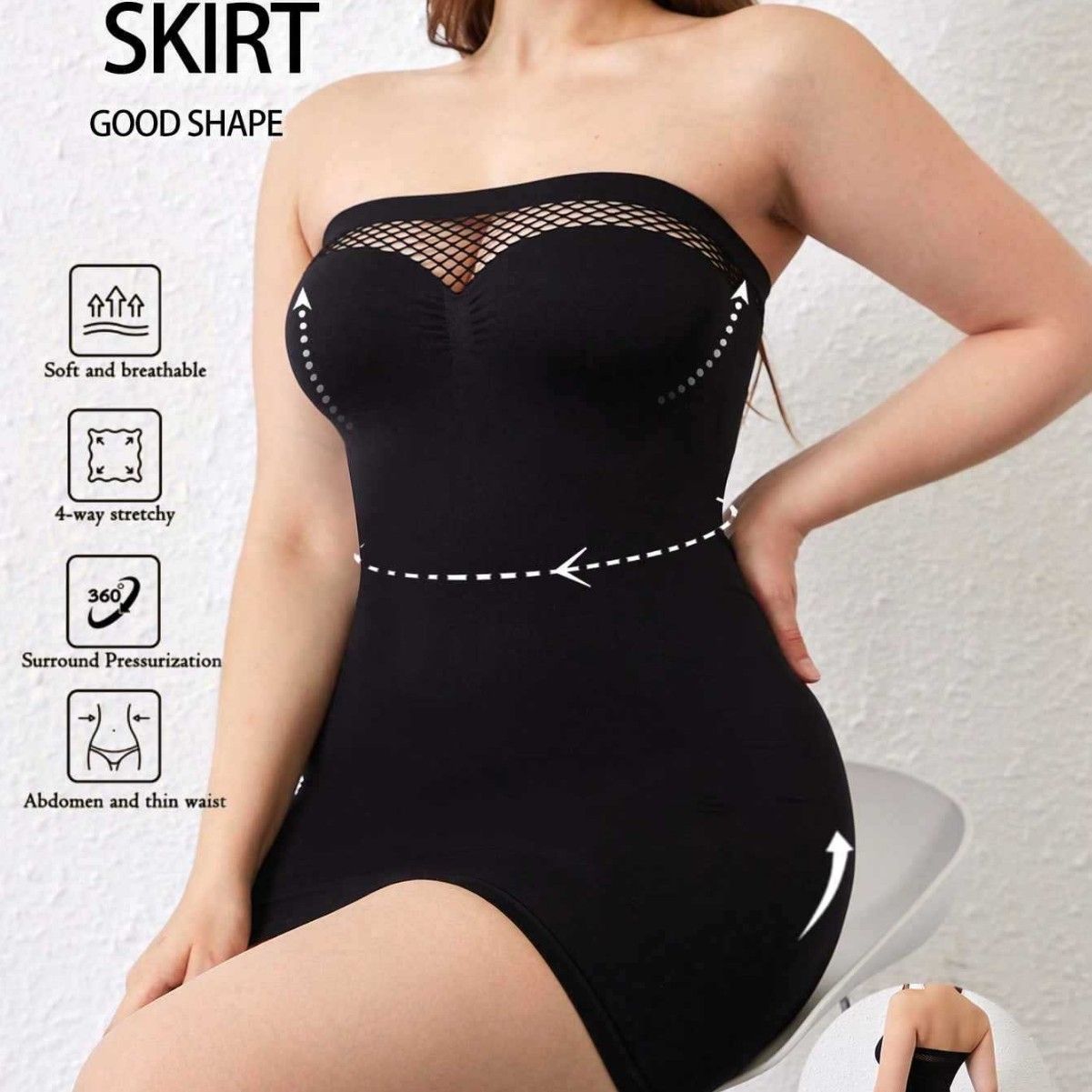 Women Dress Off Shoulder Bodycon Strapless Underdress Smooth Compression Body Shaper Slimming Waist Seamless Fishnet Pantyhose Bodycon Dress, Inner Wear, Tight-Fitting, Solid Color, Slimming & Shaping