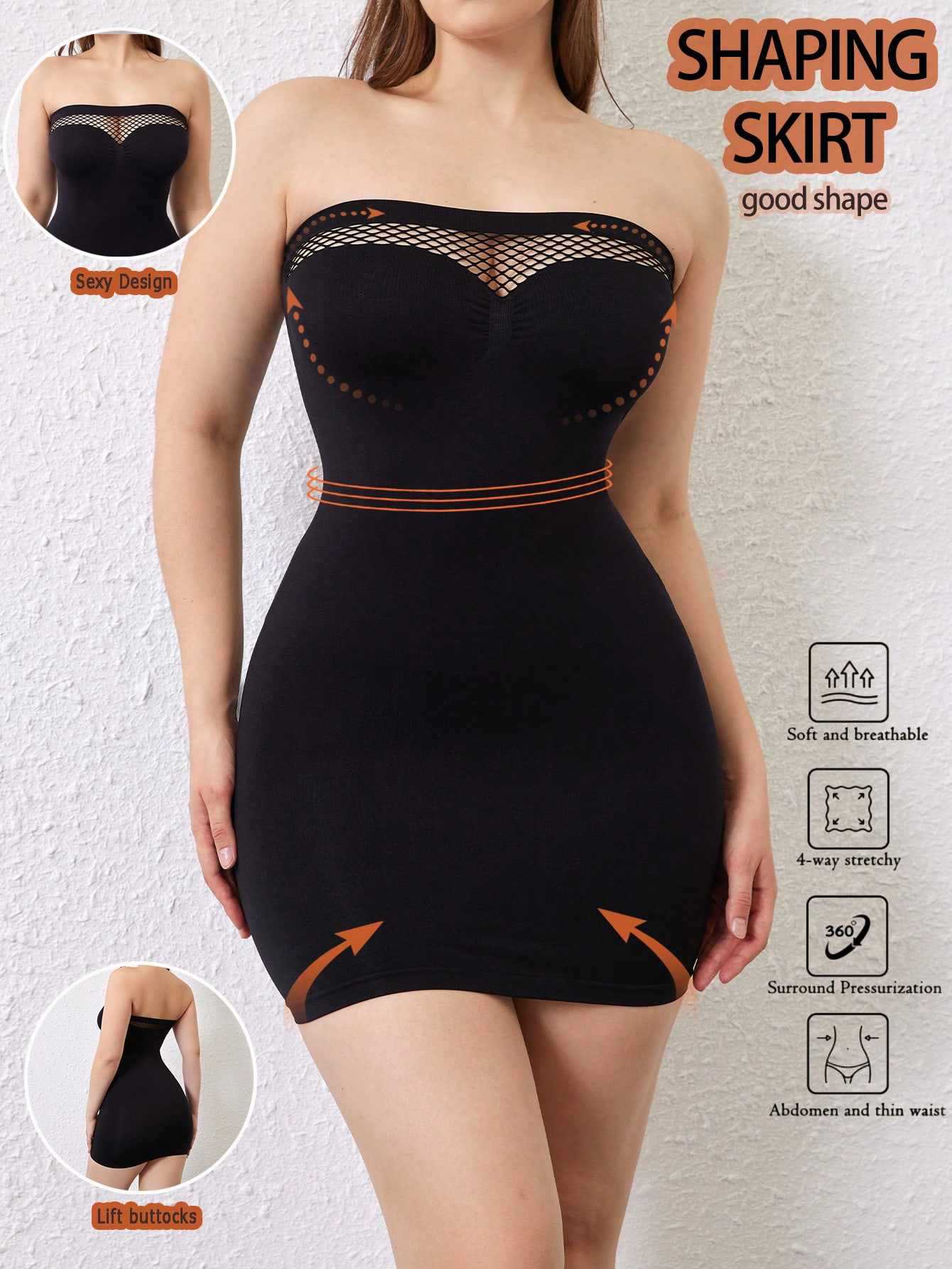 Women Dress Off Shoulder Bodycon Strapless Underdress Smooth Compression Body Shaper Slimming Waist Seamless Fishnet Pantyhose Bodycon Dress, Inner Wear, Tight-Fitting, Solid Color, Slimming & Shaping