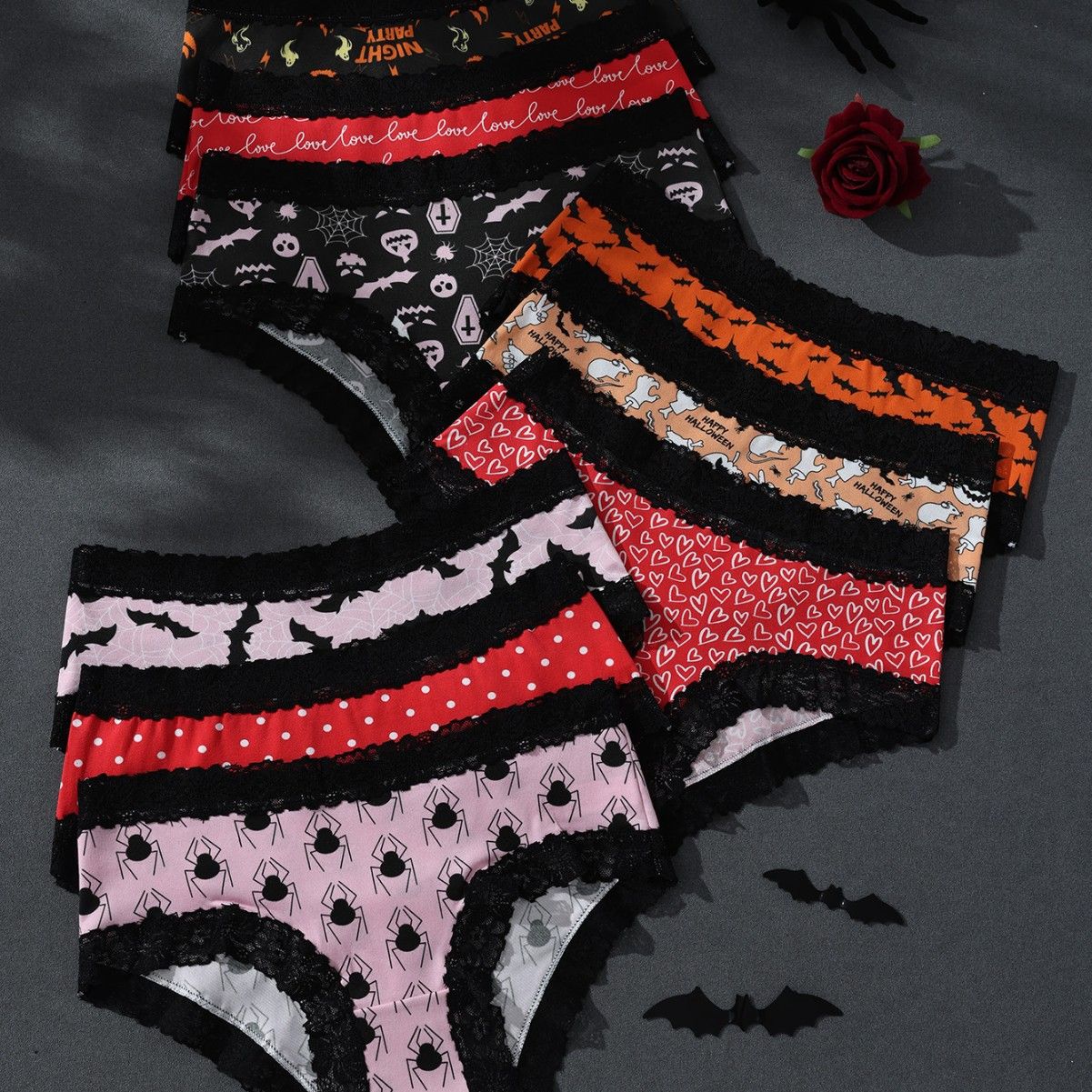 Underwear Women's Lace Edge Sexy Panties Gothic Style Lingerie Rose Skull Perso "Halloween Cross-Border Lace-Edged Women's Featuring A Bat And Spider Horror Party Theme In A Triangle Shape"