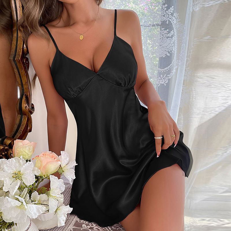 1-Piece Womens Satin Nightgown Elegant Slim Strap Slip Dress Lightweight Sleepwear Home Loungewe Solid color lace embellished women's pajamas sexy V-neck backless women's nightdress